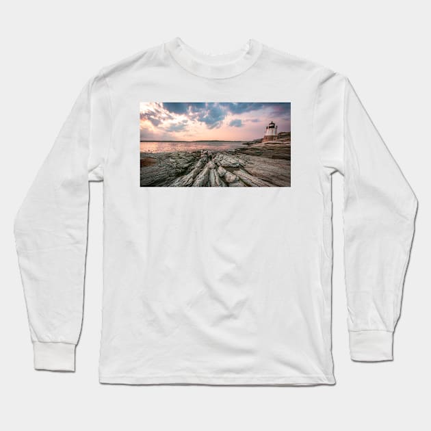 Lighthouse on a rocky beach Long Sleeve T-Shirt by jswolfphoto